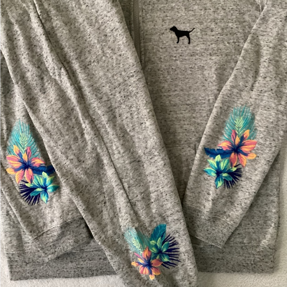 Victoria’s Secret PINK Tropical Floral Embroidered Zip Top Joggers Shirt Set L